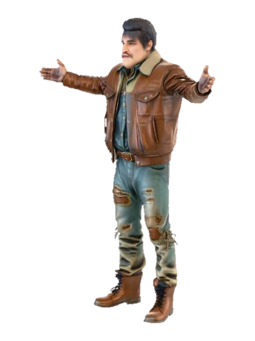 3D model for A rugged male wasteland settler wearing a torn 1950s leather jacket over a faded retro-futuristic jumpsuit, heavy worn boots, and fingerless gloves. Short messy hair, weathered face, dirty and distressed fabrics. Fallout-style post-apocalyptic survivor, realistic proportions, game-ready 3D character.