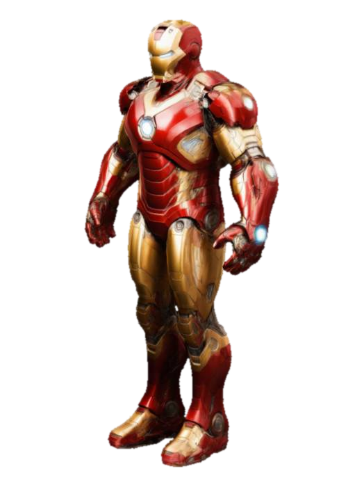 3D model for Iron Man in his iconic red and gold armor, standing confidently in a dynamic pose. His suit features intricate mechanical details, glowing arc reactor on his chest, and illuminated repulsors on his palms. The metallic surface reflects light, emphasizing its sleek and futuristic design. His helmet’s sharp lines and glowing eyes convey determination and readiness, showcasing the perfect blend of technology and heroism.