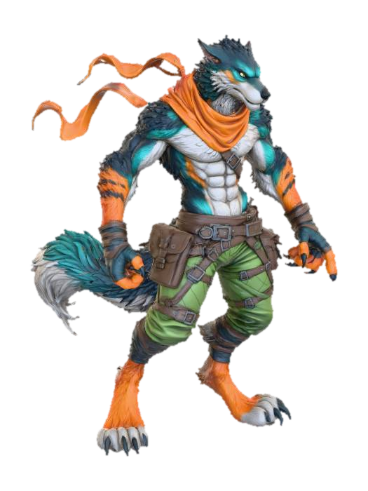 3D model for The object is a muscular anthropomorphic wolf character with sharp, angular features and a detailed textured fur pattern, wearing tactical pants and a flowing orange scarf.