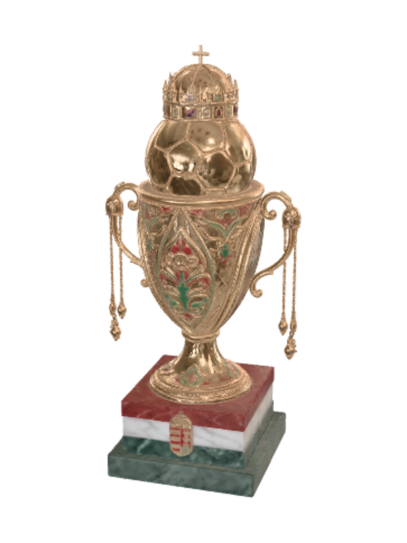 Crowned Golden Chalice with Hungarian Crest 3D model, vytvořený pomocí AI