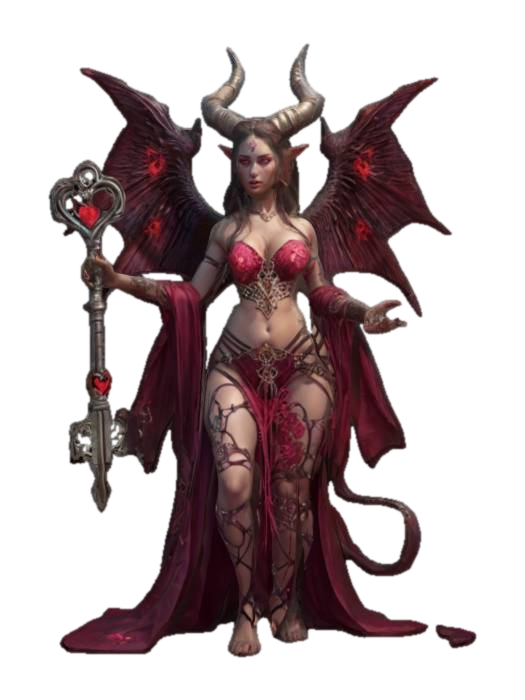 3D model for fantasy demonic female guardian of love, beautiful curves and robustly crafted body, beautiful embroidered clothing, holding a key or bunch of keys in her hand, energy emanating from within, extremely deatils, high resolution texture, epic action, #valentine#