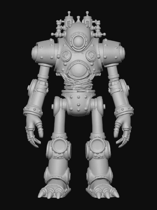 "steampunk golem made of connected bronze barrels and copper pipes ...