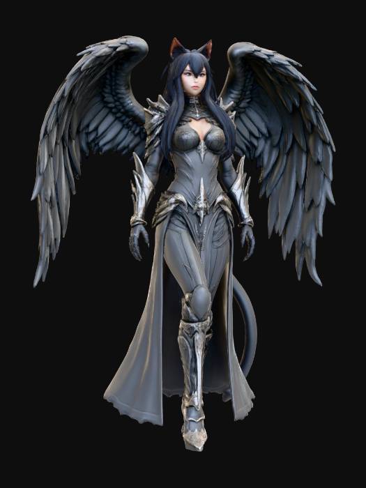 "female Cat Warrior , full Body, Black and White fur, Hair , silver ...