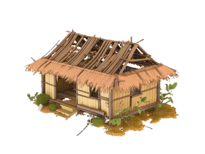 3D model for please make me a realistic old house made of bamboo and nipa hut that is not looking good and little bit destroyed