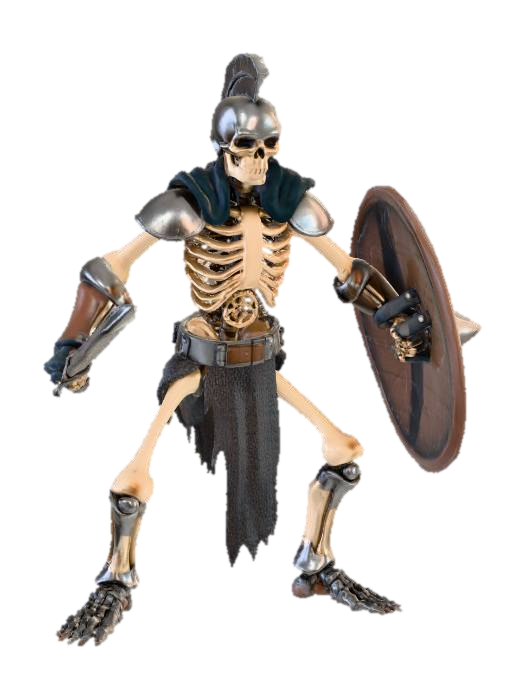 3D model for humane skeleton, in armor chest pice and metal open face helmet, holding a short sword in right hand and round shield on left forearm, in a fighting stance