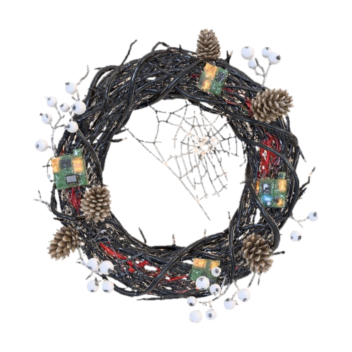 3D model for #Christmas2025# A festive Christmas wreath, woven from thorny, dark vines instead of traditional holly, is adorned with decaying pinecones and frost-covered, skeletal berries. Among the natural elements are embedded circuit boards and tangled wires, glowing faintly with an internal, unstable light. A large, unsettling spiderweb, shimmering with icy dew, stretches across its center, giving it a menacing yet strangely beautiful texture.