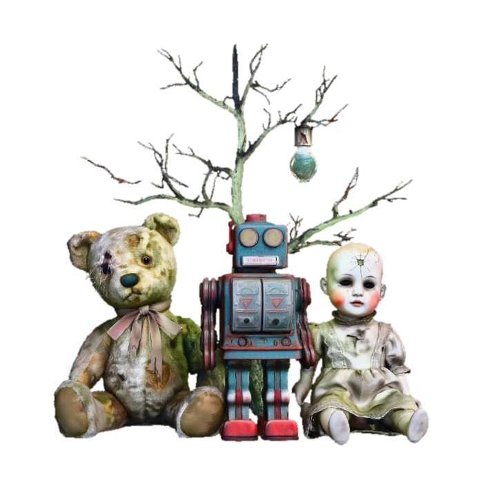 #Christmas2025# A group of distressed vintage toys—a teddy bear with one button eye… yapay zekâ ile oluşturulmuş 3D model