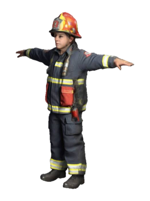 boy pompier, Ultra Realistic, Highly Detailed, T-pose, Full Body, Symmetrical Body,… 3D model, vytvořený pomocí AI