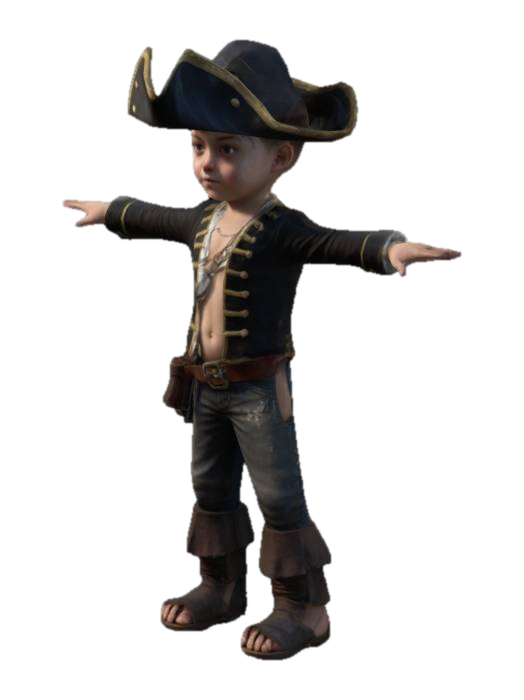 boy pirate, Ultra Realistic, Highly Detailed, T-pose, Full Body, Symmetrical Body,… 3D model, vytvořený pomocí AI