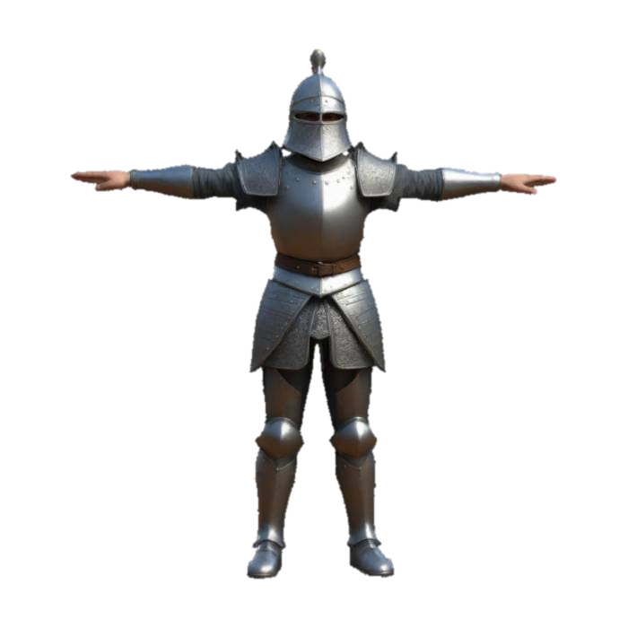 medieval guard, no cape, styllized, ultra detailled, T pose 3D model, vytvořený pomocí AI