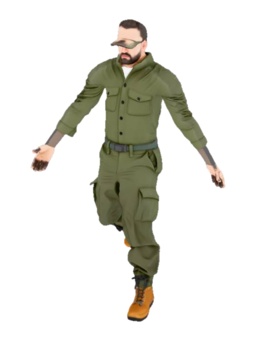 3D model for Male soldier. Athletic build. Short military-style hair. Clean face. No gear, no accessories, no watch, no belt, no patches, no armor. Plain green short-sleeve shirt with no patterns. Standard military cargo pants in woodland tones. Brown combat boots. Neutral expression. Standing in strict T-pose. Full-body 3D model. Neutral lighting. No weapons, no props, no background elements.