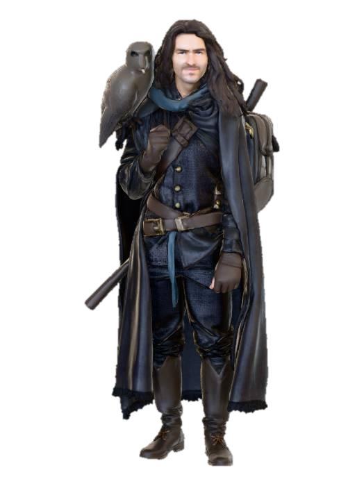 3D model for A FULL BODY SHOT OF A TEENAGE MAN,, LONG HAIR, IN MEDIEVAL PEASANT CLOTHING AND A MODERN BACKBACK. HE HAS A SLY GRIN. HE IS HOLDING A CROWBAR RESTING AGAINST HIS RIGHT SHOULDER. ON HIS LEFT SHOULDER IS A BARN OWL.