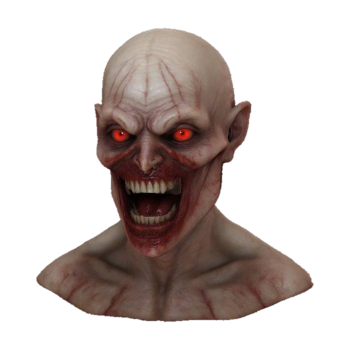 3D model for A grotesque, horrifying face with a wide, distorted smile. Deep, dark eye sockets with glowing red eyes. Sharp, jagged teeth and a twisted, grotesque mouth. Wrinkled, leathery skin with a sickly, pale color.