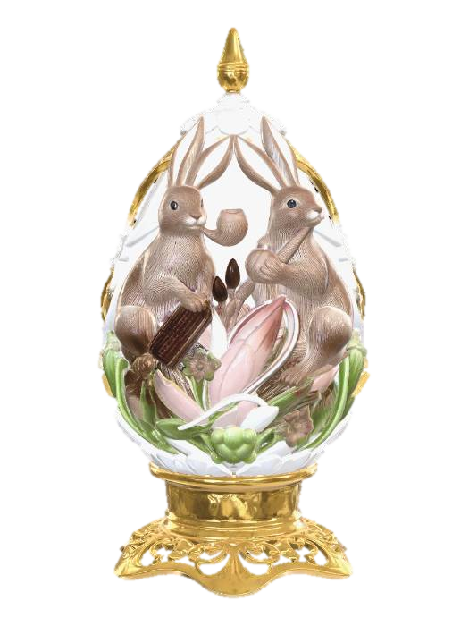 Extremely high detailed Easter Egg, decorated with sophisticated lifelike European rabbits… 3D model, vytvořený pomocí AI
