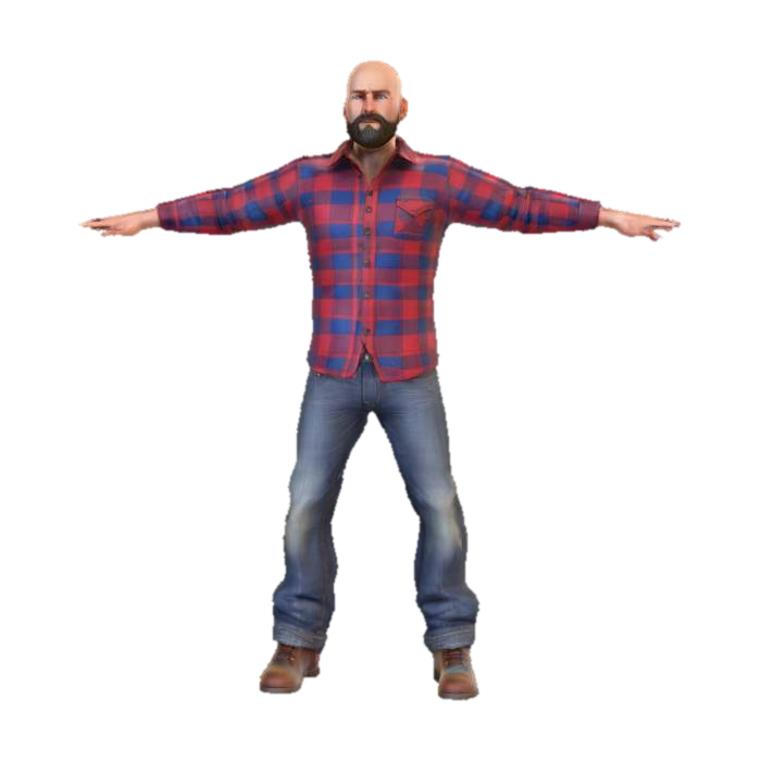 3D model for 35 year old bald male with beard. should be athletic and wearing a plaid button up dress shirt and blue jeans. should also be wearing work boots. Should be realistic and high fidelity video game ready