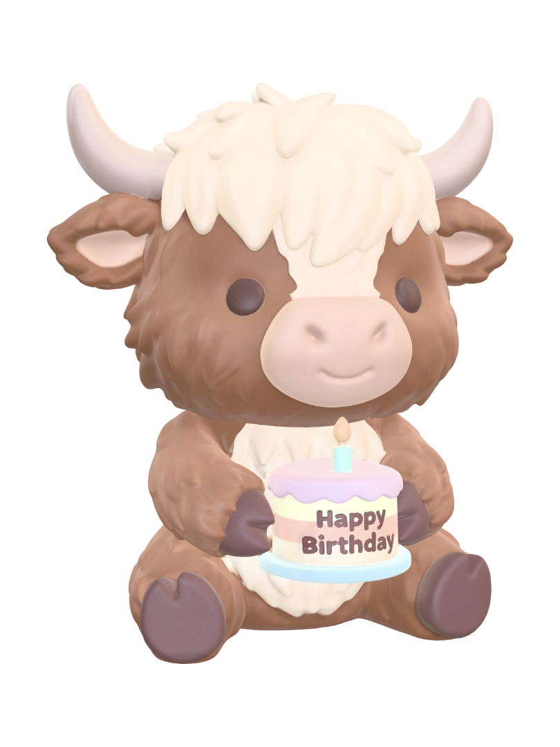 Ein Baby Hochlandrind hat Geburtstag. Sitzend und super niedlich mit kleinen Hörnern und… 3D model, vytvořený pomocí AI