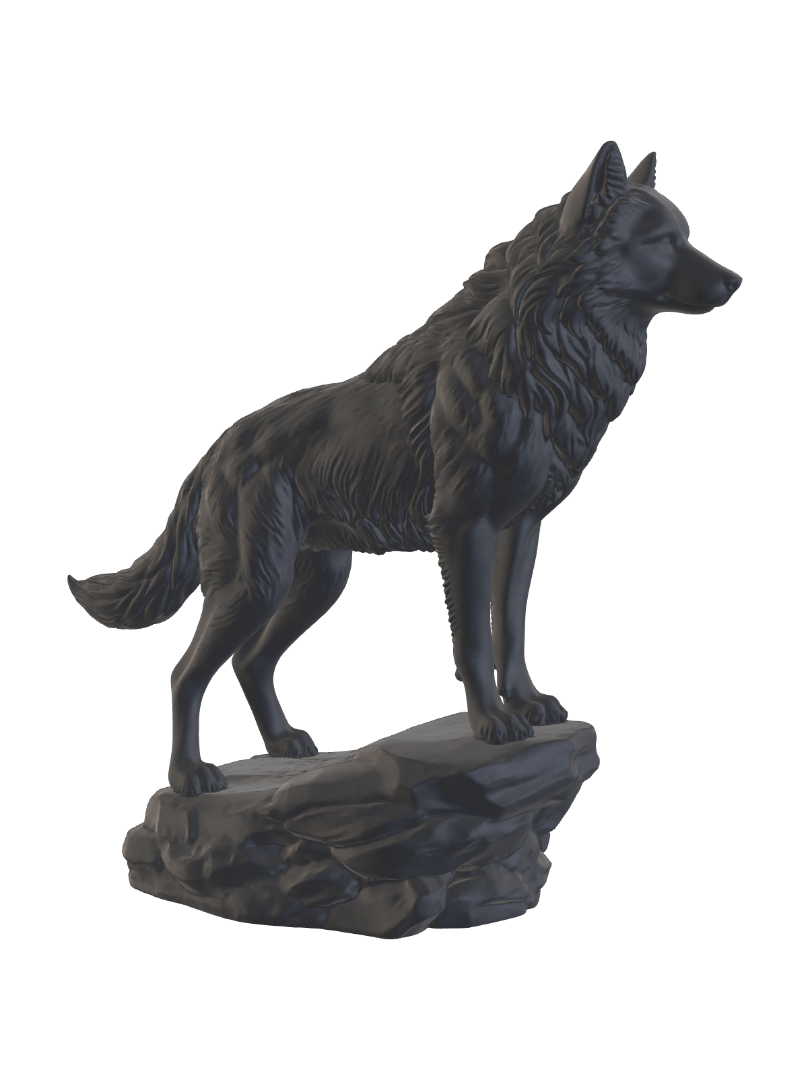 Eine wunderschöne Figur eines Wolfes. Nur die Figur in einem wunderschönen dunkelgrau in… 3D model, vytvořený pomocí AI
