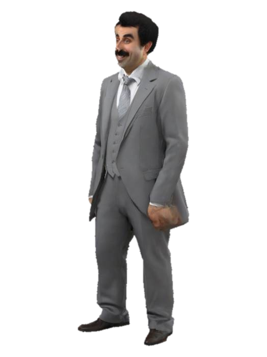 3D model for Realistic figure of Borat Sagdiyev, gray suit, gray tie, oversized suit, skinny man, afro hairstyle, thick mustache, shaved chin, smiling, facial features a mixture of Jewish and Kazakh.