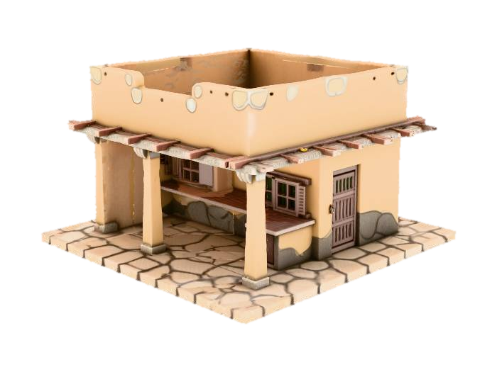 3D model for Roofless single-story Mexican cantina building, rectangular footprint, thick adobe/stucco walls, open interior visible from above, wide front doorway and side doorway, small bar counter along one wall, a few support columns, worn plaster with faded paint, simple wooden shutters, no roof, no ceiling, game-ready low poly, clean silhouette, designed as a tabletop miniatures environment.