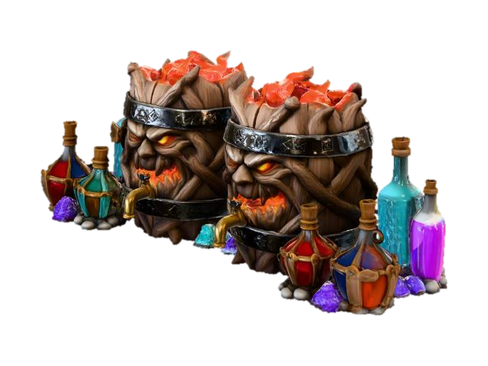 3D model for A fantasy bar setting with two freak wooden beer kegs on the bar top next to several glass bottles in wood and polished stone style