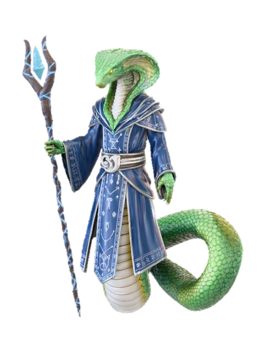 3D model for In the theme of a dungeons and dragons wizard with robes and long arcane staff - show me a human snake hybrid character with scales and cobra hoods wearing the robes of a wizard and wielding a long arcane wizard staff.