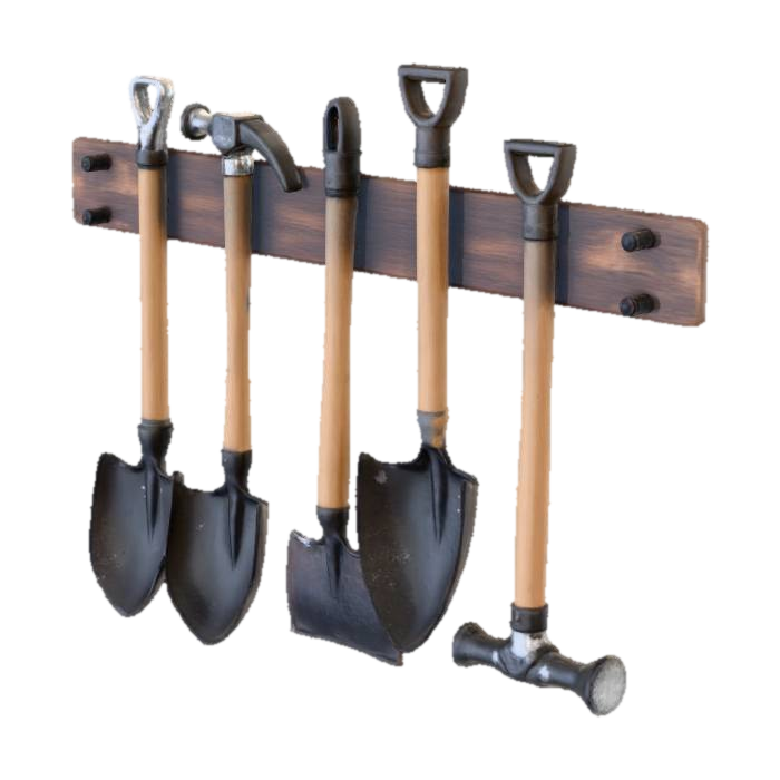 Stylized tool rack with hammers and shovels hanging, chains iced, wall-mounted, rustic… 3D model, vytvořený pomocí AI