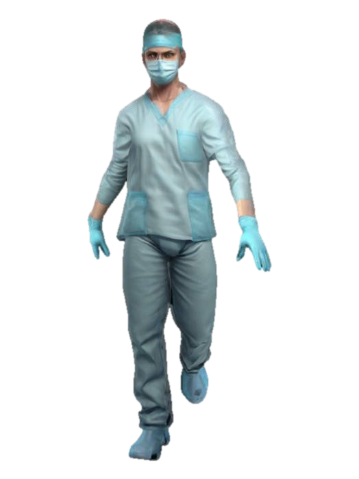 3D model for Ultra-realistic surgeon, Full body, wearing surgical gloves and vetemnet, Symmetrical and highly detailed, with expressive eyes, soft facial features and a modern, casual style. Perfect proportions for a realistic character model, Game Assets, Full body, Digital art, Fine details, Highly detailed, High resolution, t pose, A-pose, arms extended outwards, digital art, 4k masterpiece,