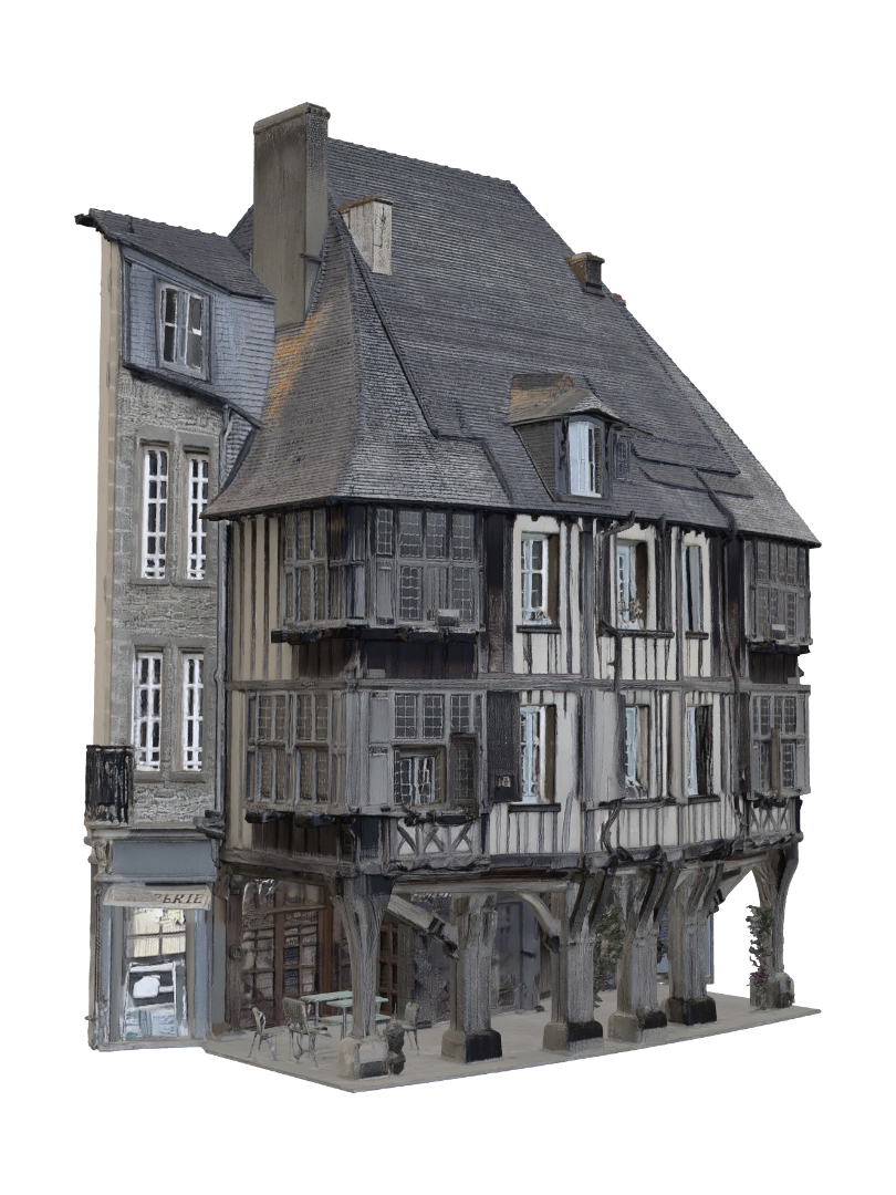 Timber-Framed Creperie on a Cobblestone Street 3D model, vytvořený pomocí AI