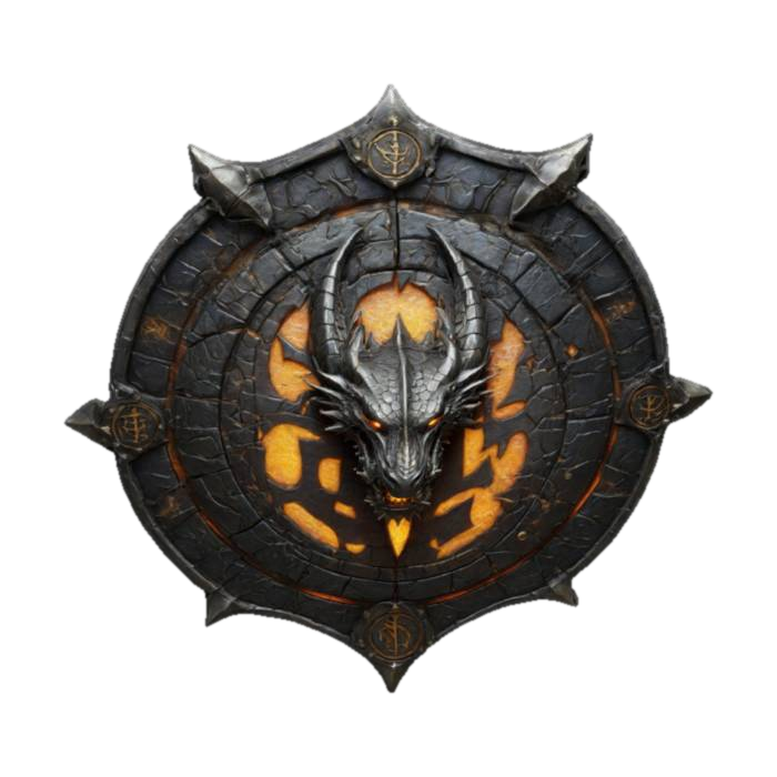 3D model for Dragon Shield cracked and weathered as if from centuries of battle emblazoned with a Dragon crest, Glowing Runes running through the thick metal etched with dark arcane symbols deeply sculpted textures tarnished iron accents claw marks across the surface imbued with a faint cursed glow hyper-realistic intricate detail cinematic fantasy lighting perfect for DND displays or collector items