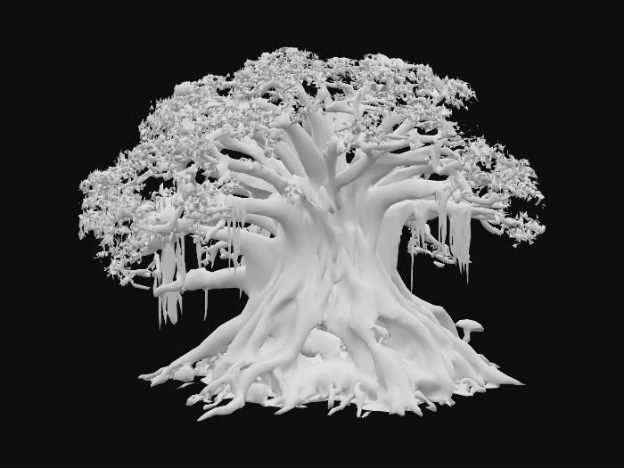"A massive, ancient tree with a wide, gnarled trunk covered in thick ...