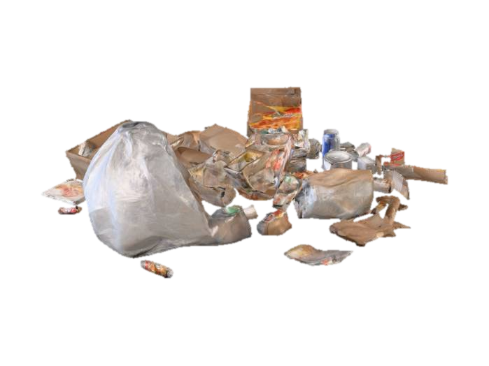 3D model for High Detail 4k Trash Pile with plastic garbage bags, soda cans, cigarettes, cardboard boxes, rusty metal objects, rotten food, pizza boxes, paper plates, plastic silverware, bottles, wrappers from food, magazines