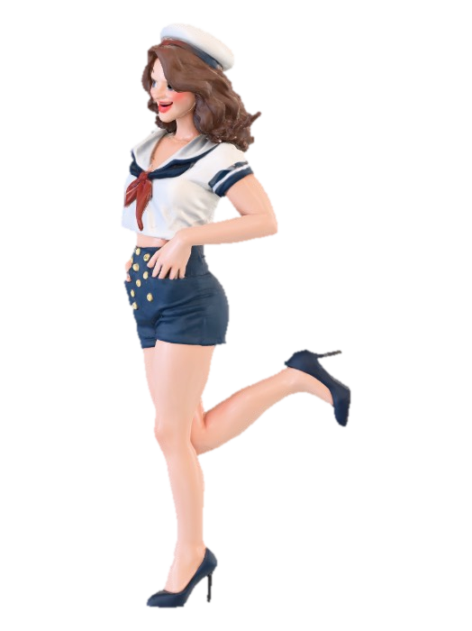 3D model for A vintage inspired female. She has brown curly hair, which is set in old Hollywood glamour style. She is wearing navy shorts with gold buttons. She has on high heels. She has on a short sleeved sailor top. She has in a little sailor hat. She has one leg lifted in a flirty manner. She has beautiful facial features and a big wide smile. She is wearing red lipstick.