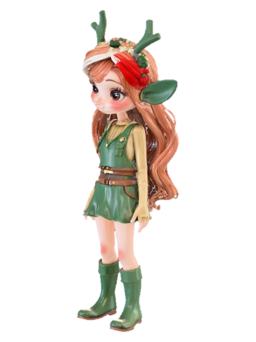 3D model for A sim clad destivecpixie female. She is beautiful, and the attire she is wearing is very festive but also woodland. She has knee high flat boots in dark green. She has a very small two piece outfit with berries. She has berries in her long hair.
