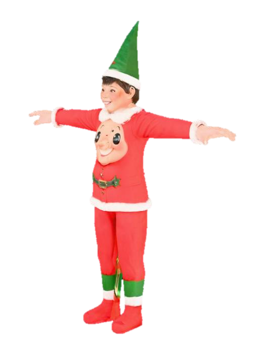 A cute little Christmas elf, smiling friendly, holding a cash box in one hand. The entire… 3D model, vytvořený pomocí AI