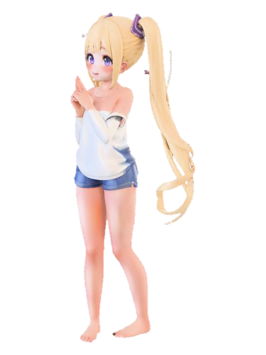 3D model for A stunning anime girl with long flowing silver twin-tails, big sparkling violet eyes, playful mischievous smile, blushing cheeks, leaning forward slightly with one finger to her lips, anime style inspired by modern waifu art