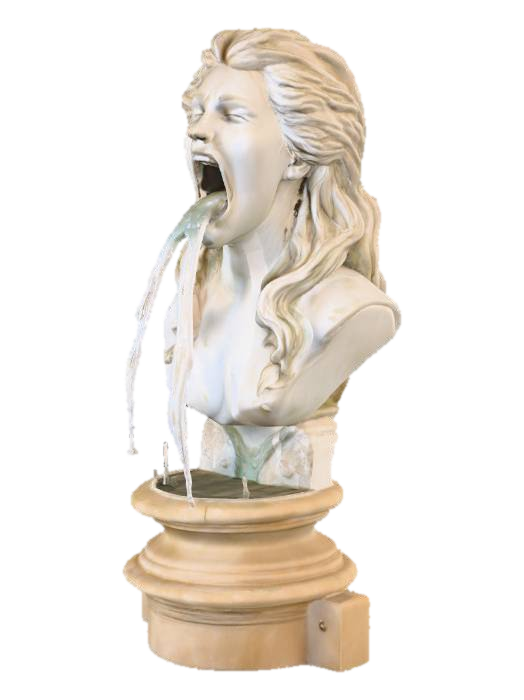 3D model for puking Nereid fountain bust, thick stream of water spouting from open mouth, carved stone, realism, detailed face, masterpiece, dirt, non nude, Classical Greek style