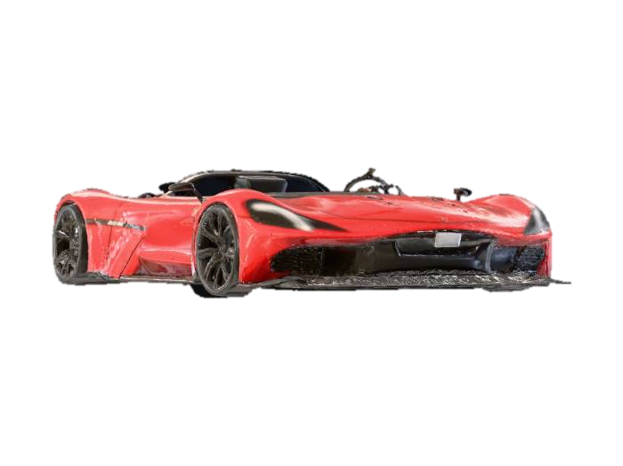 3D model for A sleek, modern sports car, painted in a vibrant, glossy metallic red finish that reflects light intensely. Its aerodynamic structure features sharp lines and aggressive vents, crafted from polished carbon fiber and reinforced steel. The wheels are large, dark alloy rims with low-profile tires, exhibiting a smooth rubber texture. The interior is visible through tinted windows, suggesting plush black leather seats and a high-tech dashboard.