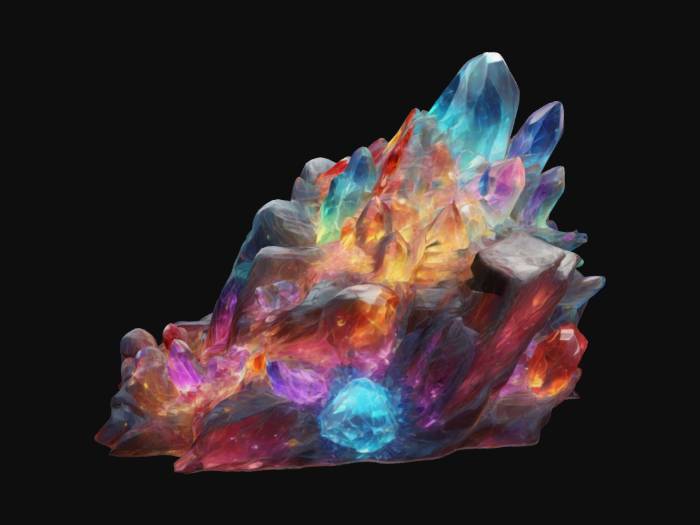 " filled with crystals of various colors, veins of glowing gems ...