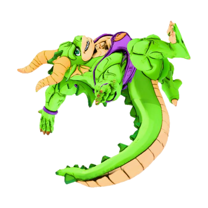 3D model for Imagine a cute but huge and mascular green dragon cub with yellow horns. He loves to eat a lot. Make the character look like a sidekick from Jojo's Bizarre Adventure