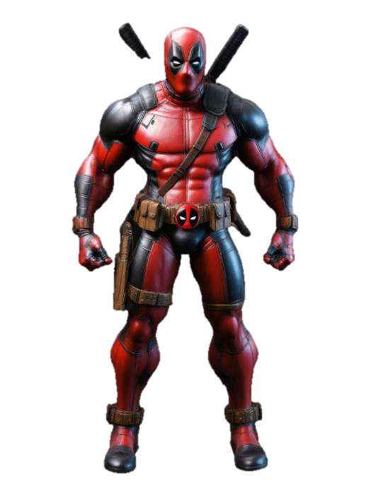 a highly detailed, 3d model of Deadpool stood unarmed in a dynamic action pose. With a design… 3D model, vytvořený pomocí AI