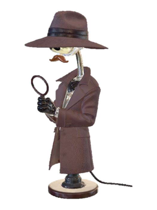 Prompt: Anthropomorphic desk lamp detective character, classic gooseneck desk lamp body as… 3D model, vytvořený pomocí AI