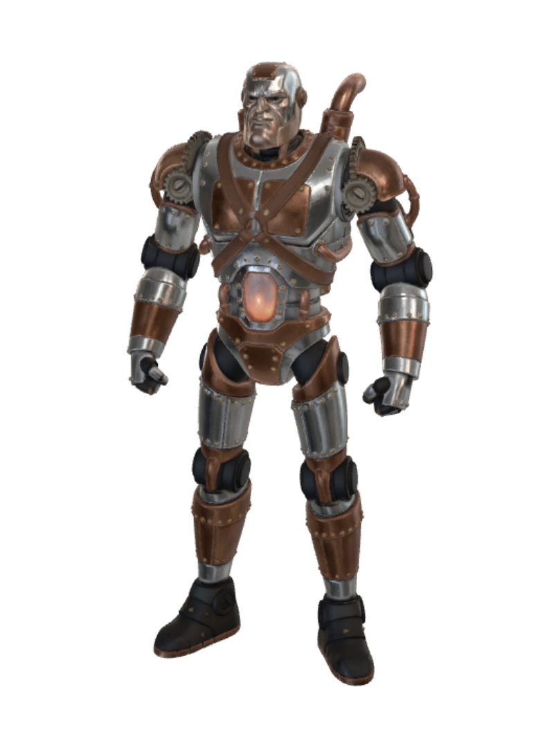 3D model for Create a male robot. He is steam punk masculine chad robot. no weapons , no items , no helmet ,No Mans Sky motif