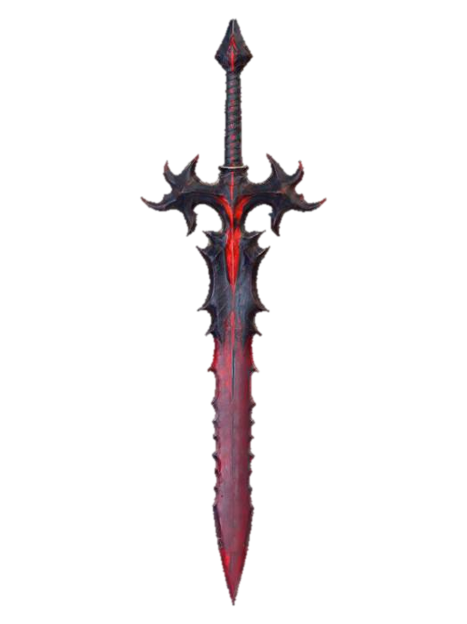A dark, soul demonic long greatsword shaped like cybersigilism, forged of jagged black metal… 3D model, vytvořený pomocí AI