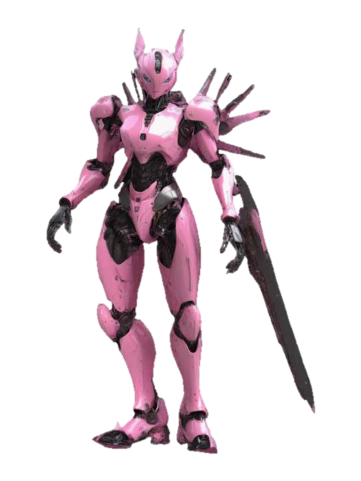 3D model for A futuristic robot with a highly detailed and complex design. It has a female humanoid appearance and wears armor predominantly in pink and black. The body is robust covered with pink and black armor plates with exposed mechanical parts. The robot wields a large futuristic weapon also in pink and black with a sharp blade on the end. On its back there are metal blades or spikes that project outward adding a threatening aspect.