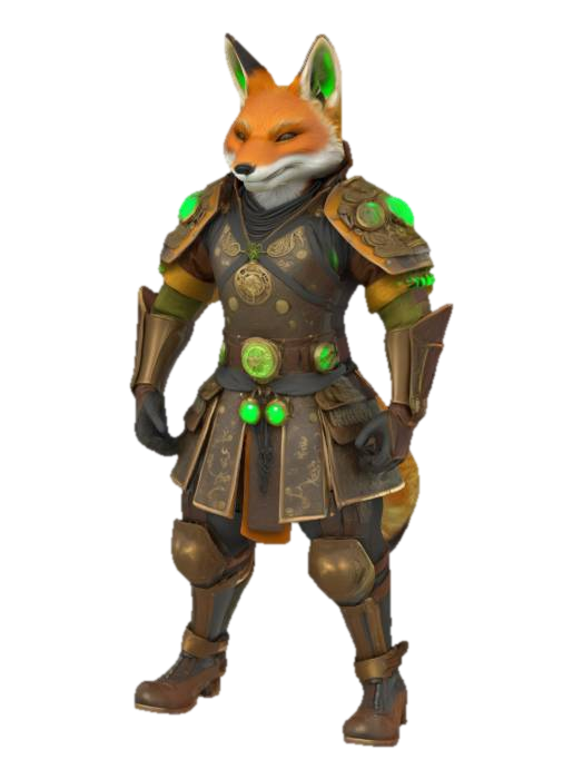 3D model for imagine an anthropomorphic fox samurai in steampunk style. Use bronze material mixed with leather material and Green Glowing ornaments. High defined texture. High quality surface. Hard surface. Professional. Masterpiece. Detailed. Game character