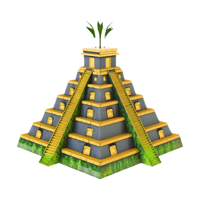 3D model for A flat vector icon of a stepped mountain pyramid with corn stalks, ancient Muisca gold-work style, high contrast, isolated on a black background, 2D game UI