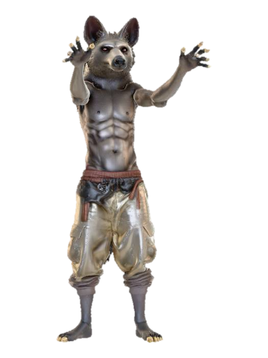 3D model for A humanoid hyena charakter. Digitigrade feet. Wearing linen pants with a leather belt. Semi realistic, medieval, fantasy, base pose