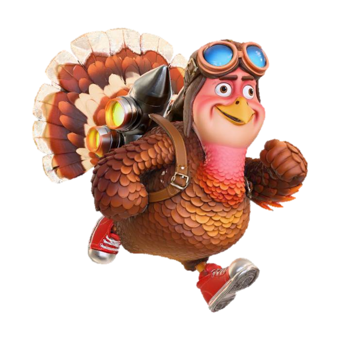#Thanksgiving#, A stylized Pixar-quality 3D character: a chubby, adorable turkey wearing… 3D model, vytvořený pomocí AI