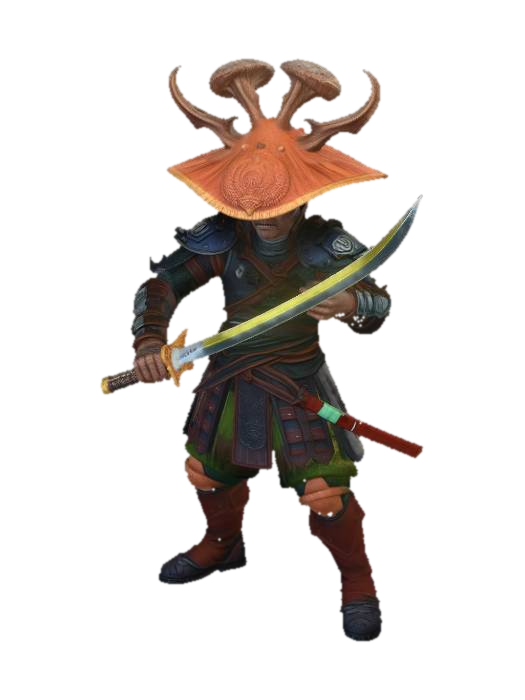 A fearless samurai mushroom warrior with layered armored mushroom cap, glowing katana sword,… 3D model, vytvořený pomocí AI