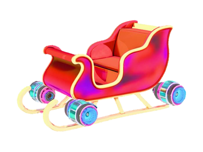 3D model for Santa’s sleigh upgraded with futuristic neon hover-engines flying over a cyberpunk Christmas city